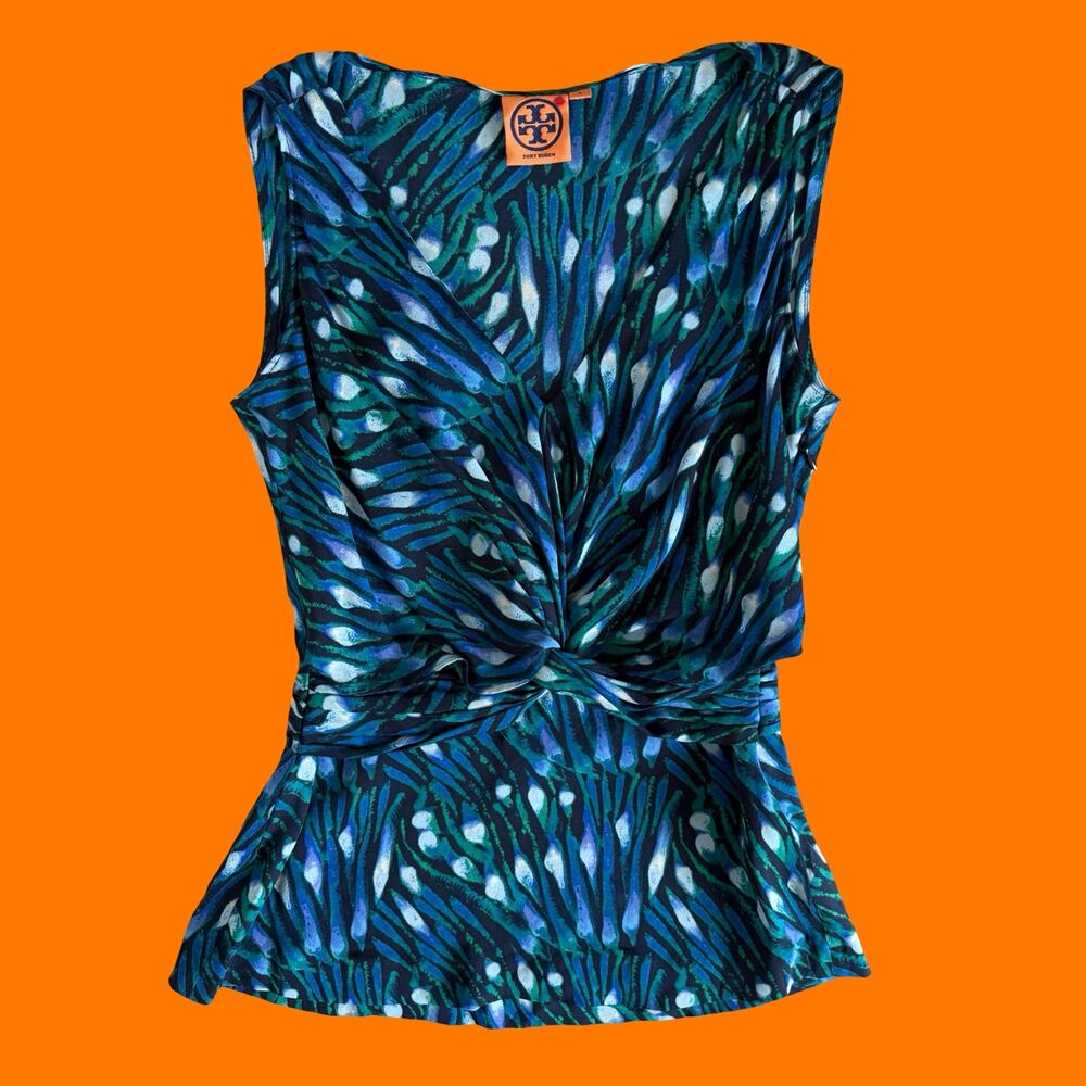 00's vintage blue abstract silk office siren y2k blouse Size 2 tory burch